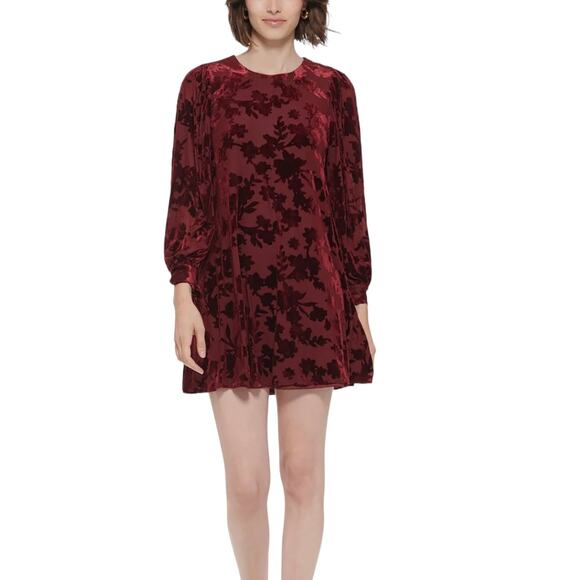 Calvin Klein Red Burnout Velvet Floral Trapeze Mini Dress 4 - Picture 2 of 7